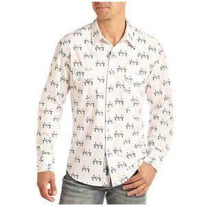 Rock & Roll Cowboy Mens 2XL White Steer Skull Print Snap Button Western Shirt